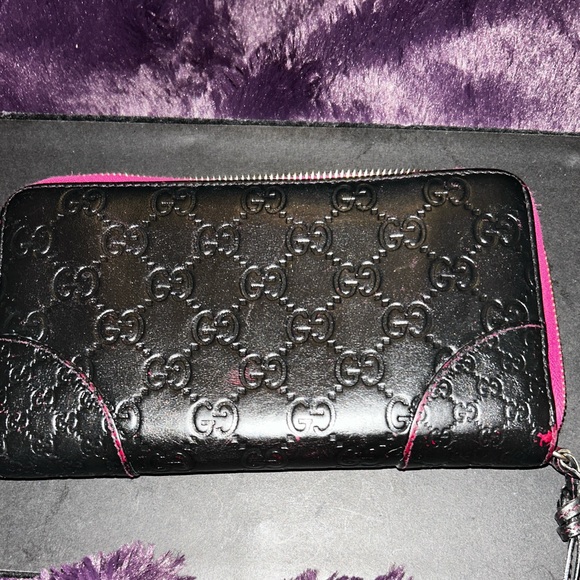 Gucci Handbags - GUCCI GG GUCCISSIMA LEATHER
LONG ZIPPERED, MONOGRAM BLACK & PINK WALLET.